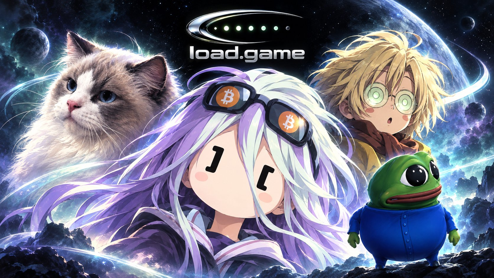 LOAD cosmic crew: a ragdoll cat, a bitcoin-goggled anime girl, a glasses kid and a frog